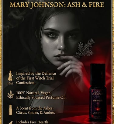 Mary Johnson Ash and Fire natural perfume oil bottle featuring notes of citrus, smoke, and amber.