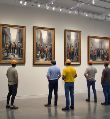 A modern gallery space featuring various art pieces on display. A large video screen shows a close-up image of an older man with a worn expression, wearing a hat and a blue shirt. Two people are in the gallery, one person standing and looking at their phone while another is walking with hands in pockets. Photographs are hung on the wall in the background, depicting outdoor scenes.