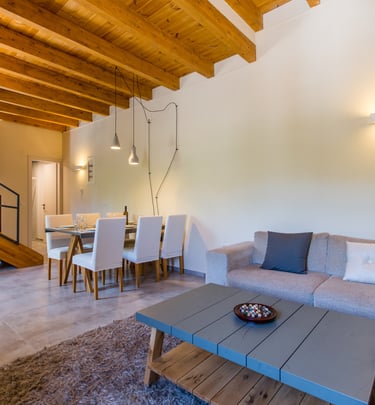 Open-plan living and dining area in a cozy setting at Villa Skyphos