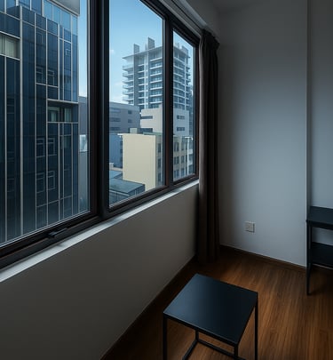 Modern minimalist room with city skyline views through large windows.