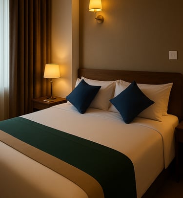 Modern hotel bedroom featuring a queen-sized bed with blue pillows and warm bedside lighting.