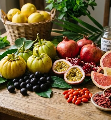 Frutas frescas de garcinia cambogia, romã, maracujá e goji berry sobre uma mesa rústica de madeira.
