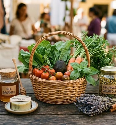 Vegetais orgânicos frescos em uma cesta de vime, com mel artesanal e ervas naturais 
