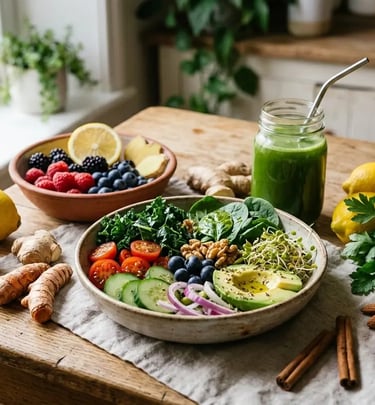 Uma tigela de salada saudável à base de plantas com abacate e frutas vermelhas, ao lado de um smooth