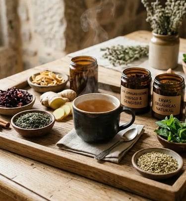 Chá de ervas fumegante em uma bandeja de madeira com gengibre, canela e hibisco orgânicos