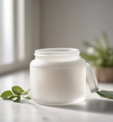 A person with long dark hair smiles while holding a frosted glass bottle labeled 'Pure Solution Essence'. The hand and face are well-lit in natural light.