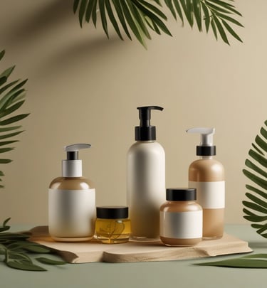 A collection of skincare products is artfully arranged on an olive green backdrop. Several cylindrical bottles and jars, some with labels, are prominently displayed. A large leaf is being held above the setup, adding a natural, organic element. Small rocks and green gummies are scattered around, enhancing the aesthetic presentation.