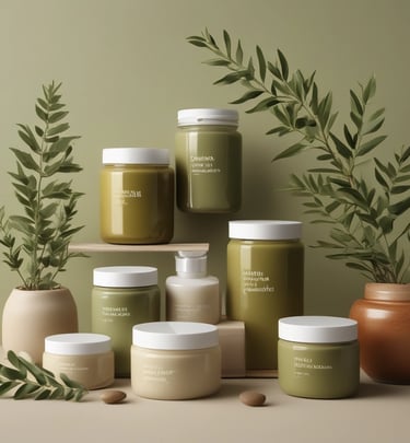 A collection of beauty and skincare products is arranged on a surface, including bottles of oils and serums, cosmetics like lipstick and blush, makeup brushes in a holder, and a lit black candle adding ambiance. The setup is accompanied by cotton swabs, emphasizing a self-care or beauty routine theme.