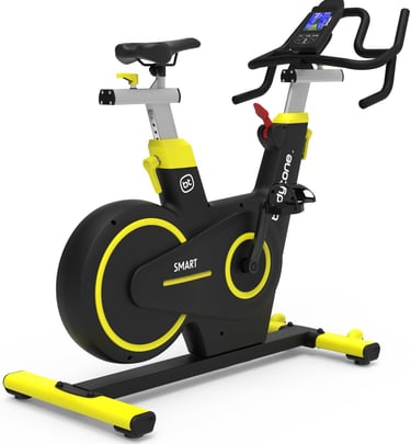 a stationary bike with a yellow and black bike