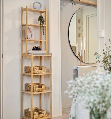 Eco-friendly home organization with natural wood shelving and non-toxic materials 