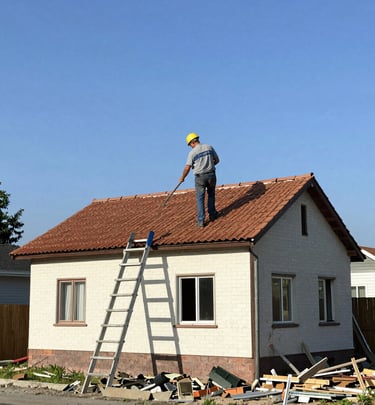 Close-up of a craftsman installing standardized prefabricated building parts on a house exterior.