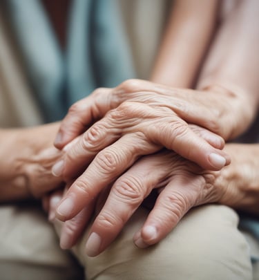 A warm caregiver gently holding the hand of an elderly woman in a cozy home setting