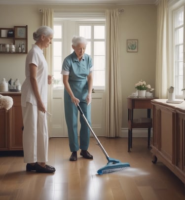 A clean and organized living room with soft lighting, designed for elderly comfort