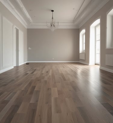 A neat arrangement of nine different parquet patterns laid out on a wooden table
