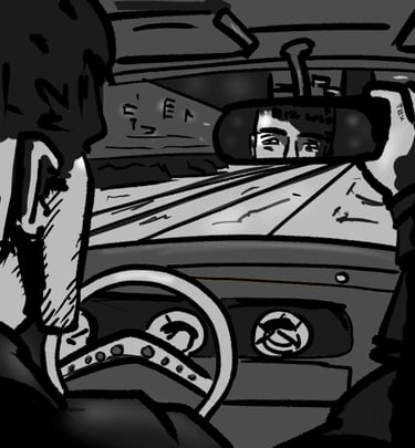 Digital drawing from the story "Luck". Wayne is looking in the rearview mirror of his Ford Taunus 