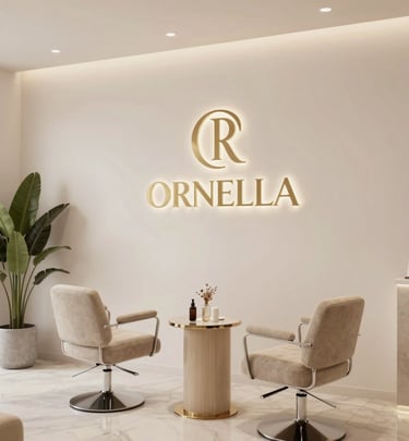 Interior view of Ornella Women Salon featuring chic rose gold and soft pink decor