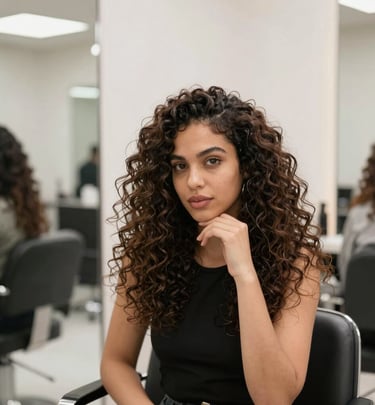 Close-up of a client’s glossy, styled hair under soft salon lighting