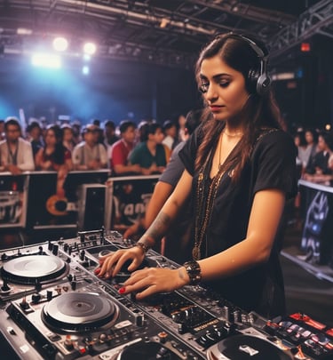 A dynamic artist performing on stage with enthusiastic fans cheering