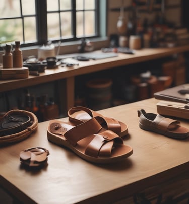 Artisan's hands polishing golden details on a fresh made-to-order shoe in an atelier