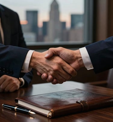 Two professionals shaking hands in front of a large window overlooking a city skyline, symbolizing partnership.