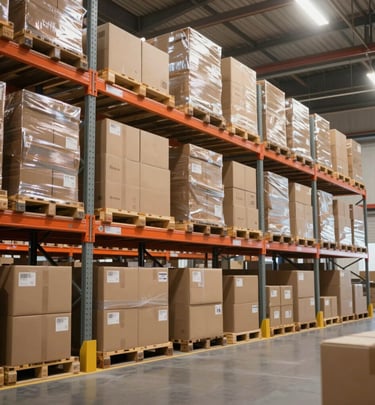 Modern US-based warehouse interior with organized shelves and staff preparing shipments.