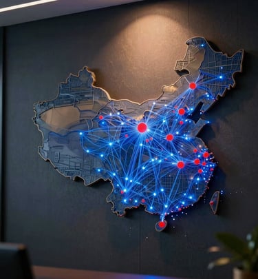 A digital map highlighting trade routes between China and the USA with glowing connection points.