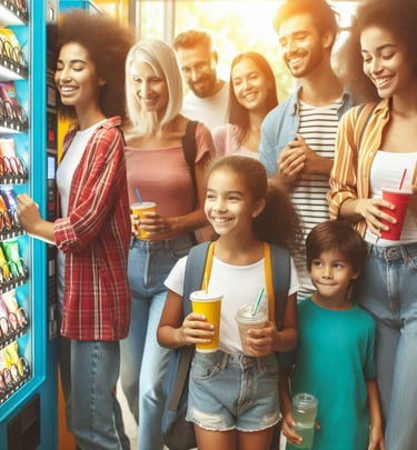 a group of people standing around a vending machine