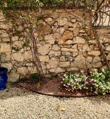 Der Blumengarten und die Trockenmauer der Maison d'Yvette, einem charmanten Ferienhaus in Le Barroux
