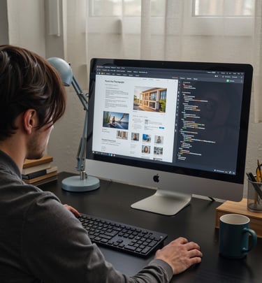 a man sitting in front of the working desk, building a web site with coding
