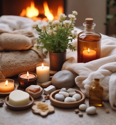 A cozy setup featuring a lit candle, a green bottle labeled 'yogandha relax', a smaller bottle with a rollerball top, a pair of eyeglasses, and a plant in the background. The items are placed on a wooden tray with a soft curtain of natural light entering through a nearby window, contributing to a serene and relaxing atmosphere.