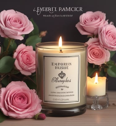 A serene image featuring two glass jars with scented candles on a wooden tray. Smoke gently rises from the burning candle labeled 'A scent of Firewood Figs', creating a calming atmosphere. A small, round dish nearby holds spent wooden matches. In the background, blurred greenery from a potted plant adds a hint of nature.