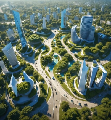 An aerial view of a sustainable urban development integrated with nature.