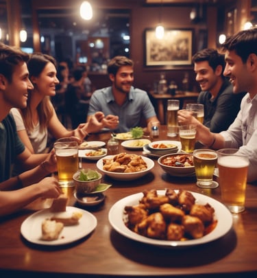 A group of friends enjoying cocktails and laughter at a table.