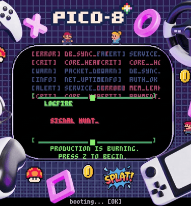 Retro PICO-8 game screen surrounded by 3D gaming accessories, VR headset, and pixel art icons.