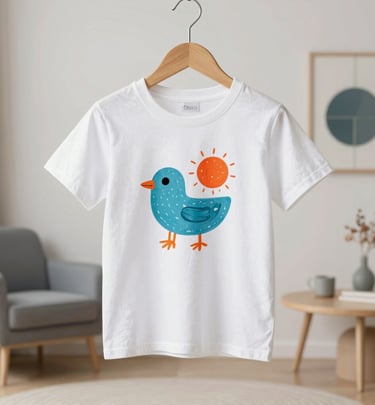 A vibrant t-shirt with a bold geometric pattern glowing under bright lights