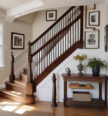 A warm living room featuring antique wooden furniture with soft, neutral-toned upholstery and classic British decor accents.