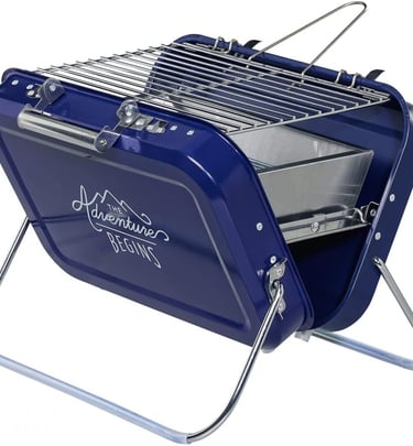 Parrilla de carbón portátil tipo maleta azul para acampar y aventuras al aire libre con patas plegab