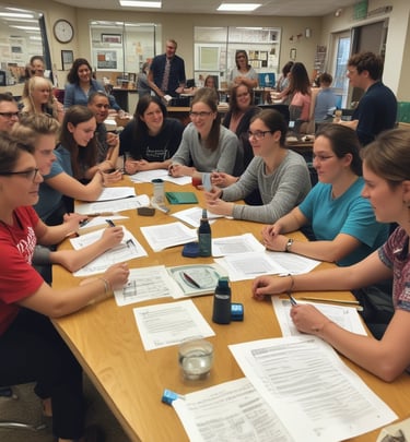 A group of educators collaborating over multimedia resources in a bright room