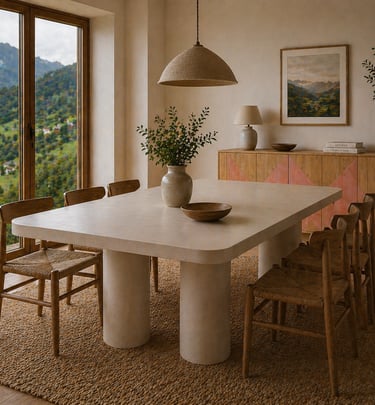 Mesa de comedor de microcemento con patas cilíndricas de microcemento.