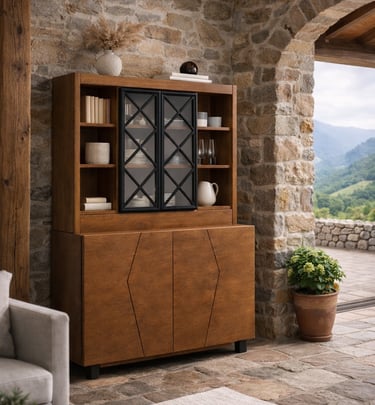 Alacena con estilo industrial y un toque geométrico en sus puertas inferiores.