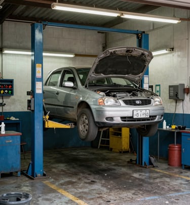 A technician carefully inspecting a car engine under bright workshop lights