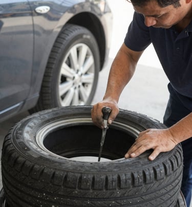 A mechanic replacing brake pads on a customer's car with focused attention