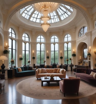 Grand hotel lobby with warm light representing hotel-level care and refined hospitality standards.