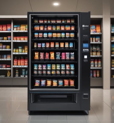 Wide shot of multiple vending machines lined up in a busy office break room with staff gathered around