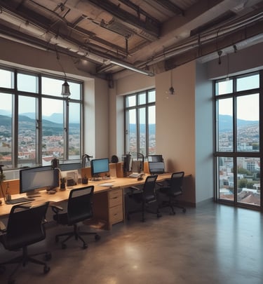 A sleek dark-themed media office with team members collaborating over campaign designs