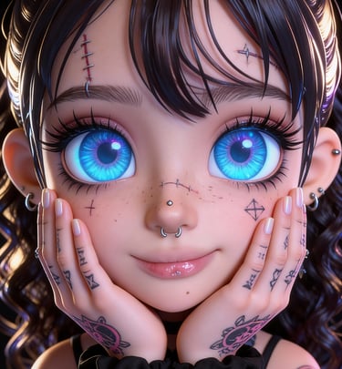 Inkeddollai illustrated character with oversized eyes and tattooed aesthetic