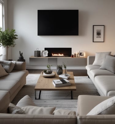 A serene living room with white walls, minimalist furniture, and soft natural light flooding through large windows