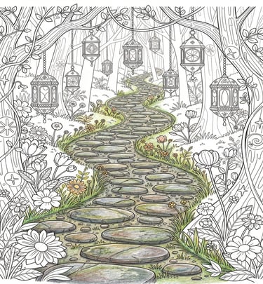 partially finished coloring page of a cobblestone path through the forest with lanterns