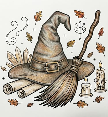 finished coloring page of a witches hat, broom, candles and crystal