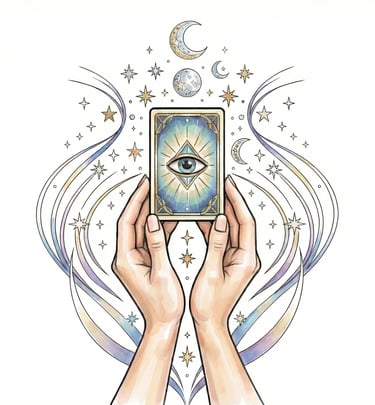 finished coloring page of hands holding an oracle card
